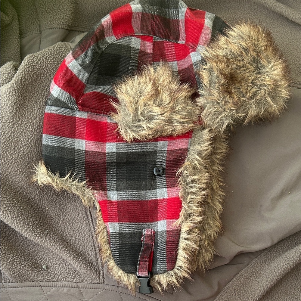 Red and Black Plaid Trapper Hat with Faux Fur